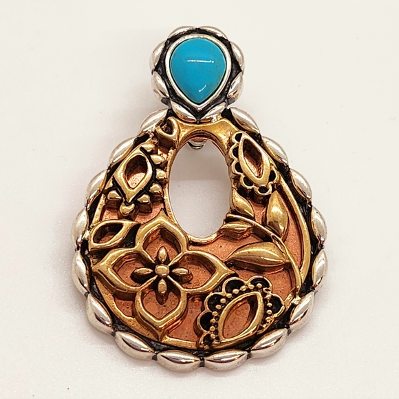 Carolyn Pollack Mixed Metal Sterling Copper Turquoise Flower Pendant Enhancer - Picture 1 of 7